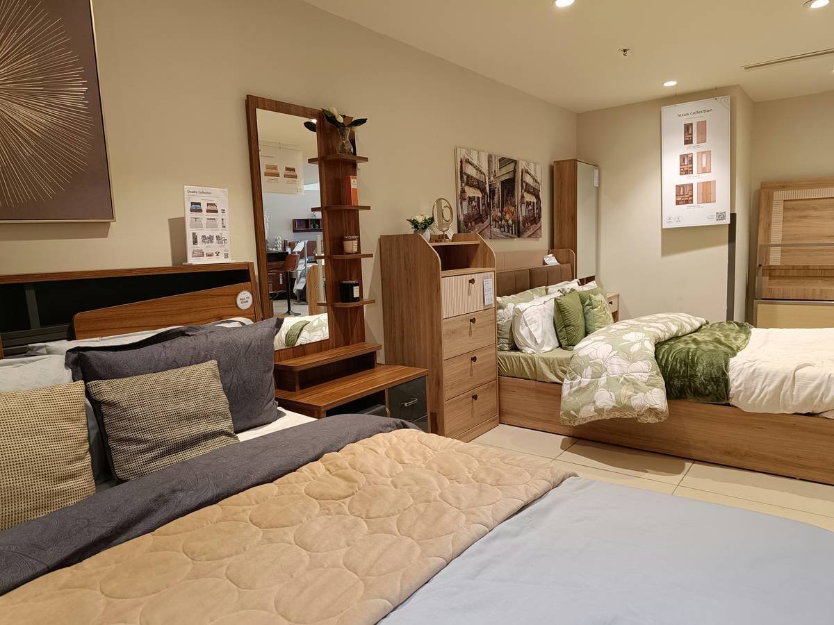 Modern bedroom setup with nightstands on side of bed featuring mixed materials and smart storage