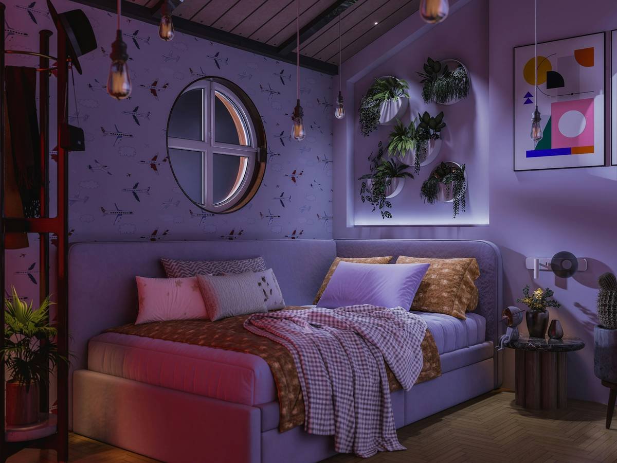 Modern twin bed with nightstand setup using wall-mounted shelf for space saving
