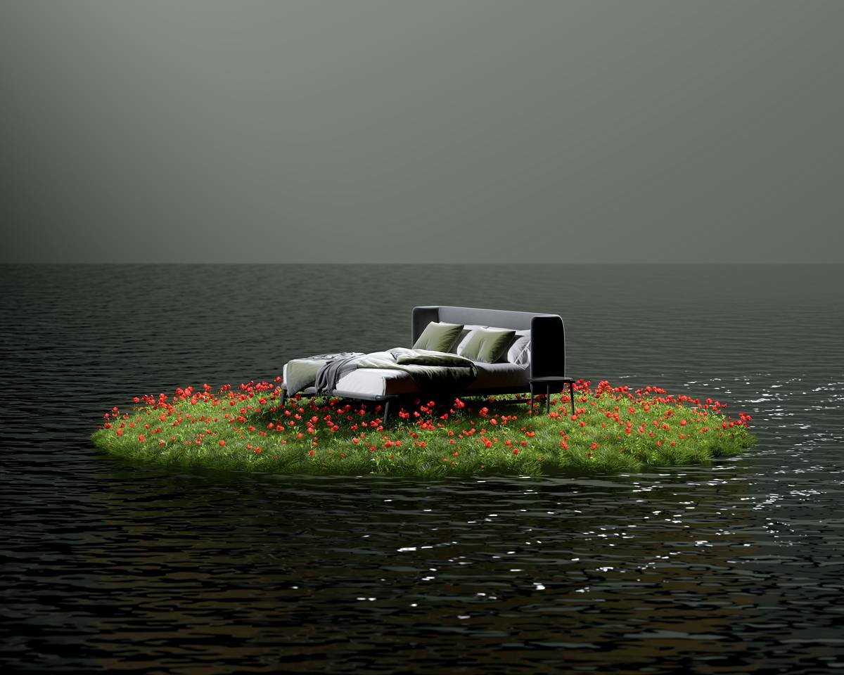 3D render of canopy bed with integrated nightstand from bed with nightstand drawing